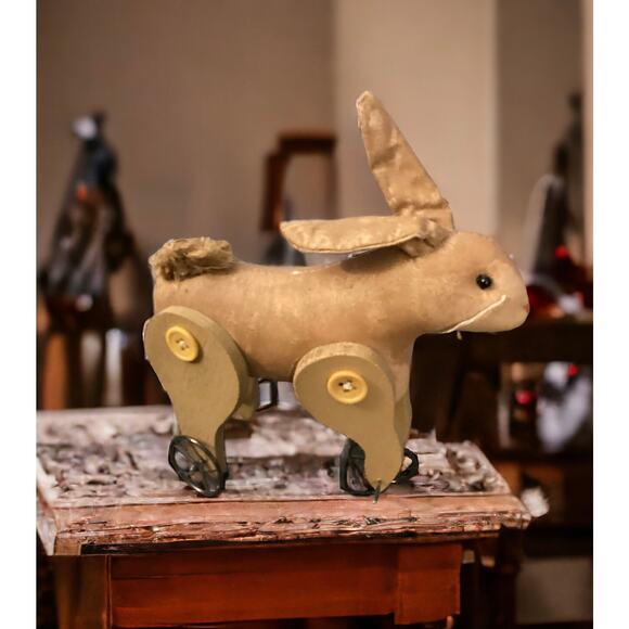 Antique Style Folk Art Bunny Figurine, Home Decor, Handmade Look Pull Rabbit - Picture 1 of 4